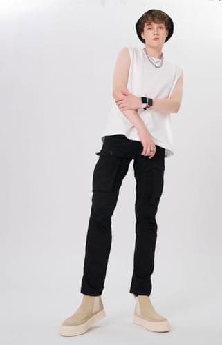 Plaid&Plain Men's and Women's Black Cargo Pants - Slim Fit, 3D Shape, Articulated Knees, Stretchy Fabric C804 Black 40WX28L - Image 9