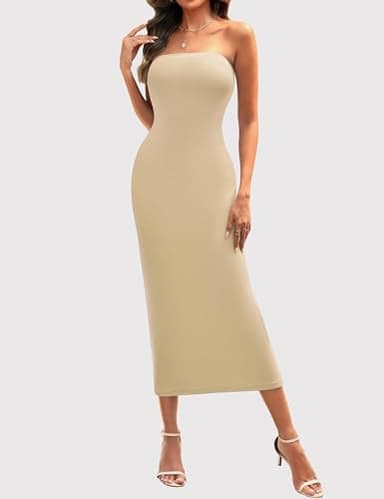 YESTTO Summer Bodycon Maxi Tube Dress for Women Strapless Fitted Casual Elegant Cocktail Party Long Dresses Beige XL - Image 3