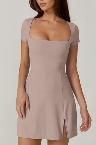 QINSEN Exercise Workout Dress for Women Square Neck Short Sleeve Flare Tennis Dress with Shorts Pockets Rose Taupe XL - Image 5