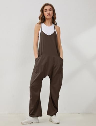 Lentta Women's Causal Jumpsuits V Neck Sleeveless Harem Overalls Stretchy Adjustable Strap Romper with Pockets(Coffee-L) - Image 3