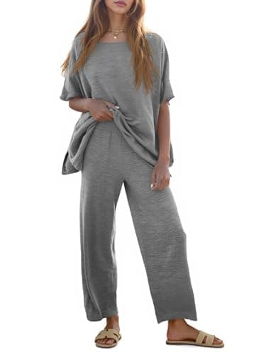 Tankaneo Women's 2 Piece Travel Outfits Casual Short Sleeve Knit Sweater Set Wide Leg Pants Lounge Sets Tracksuit - Image 1