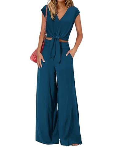 PRETTYGARDEN Two Piece Outfits For Women 2025 V Neck Cap Sleeve Strappy Crop Tops Loose Fit Wide Leg Pants Sets(Solid Teal,Medium) - Image 1