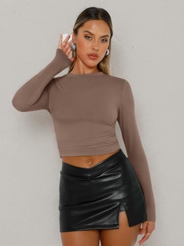 AUTOMET Womens Long Sleeve T-Shirts Trendy Basic Fitted Compression Going Out Crop Tops Fall Fashion Y2K Clothes 2025 Outfits Coffee Grey M - Image 6