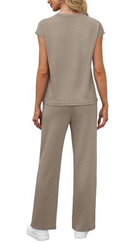 WIHOLL Airport Outfits for Women 2025 Summer Two Piece Sets Trendy Womens Loungewear Lounge Set Cozy Casual Beach Vacation Outfits Cruise High Waist Pants Clothing Going Out Jogger Sets Coffee L - Image 5