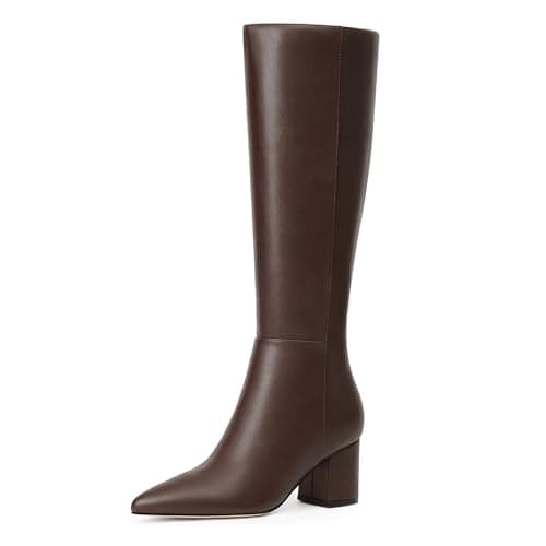 Easyfox Brown Womens Tall Boots Knee High Brown Leather Boot Womens Knee High Boots Pointed Toe Fall Chunky Heeled Long Boot Size 7.5 - Image 1