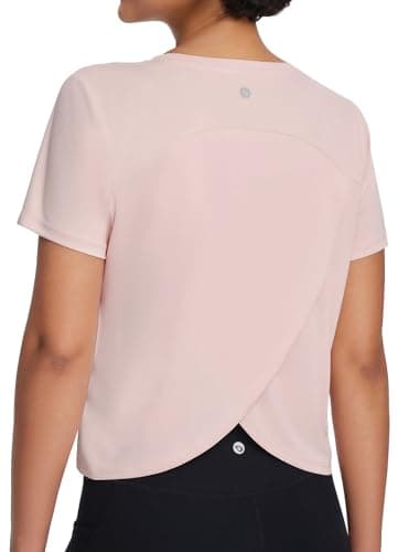 baleaf Women's Workout Tops Athletic Shirts Cropped Short Sleeve Split Back Running Gym Quick Dry Sun Protection UPF 50+ Pink M - Image 1