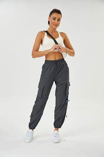 COPYLEAF Womens Parachute Cargo Pants with Pockets Quick Dry Hiking Pants Lightweight Water-Resistant Baggy Joggers(Grey L) - Image 3