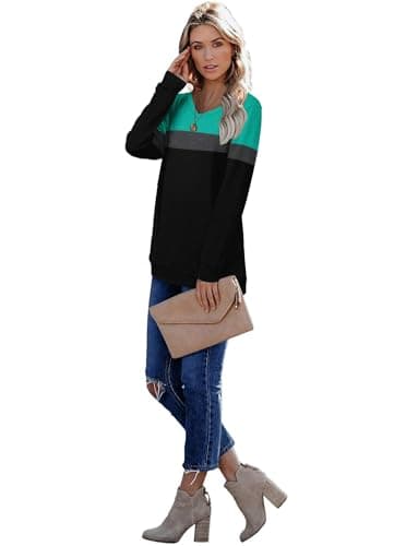CRAZY GRID Womens Long Sleeve Shirts Casual Vneck Color Block Fall Top Ladies Soft Trendy Loose Fits Sweatshirt Lightweight Plus Size Oversized 2XL Turquoise Black - Image 3