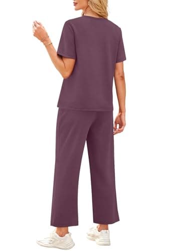 WIHOLL Beach Vacation Clothes for Women 2 Piece Travel Airport Outfits Fashion 2025 Comfy Summer Matching Sets Women Clothing Tropical Wide Leg Pants Lounge Sets Pjs Dark Purple L - Image 5