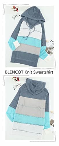 BLENCOT Women's Casual Color Block Hoodies Sweater Long Sleeve Drawstring Pullover Sweatshirts Fashion Knitted Tops Blue XL - Image 6