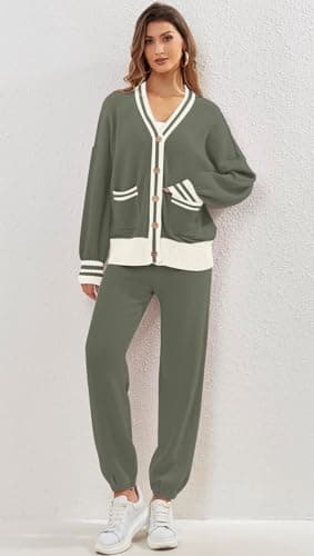 ETCYY NEW Women's 2 Piece Outfit Lounge Set Trendy Cardigan Sweater Pants Sets V Neck Button Pocket Knit Matching Loungewear - Image 3