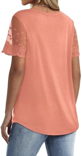 OFEEFAN Womens Summer Clothes V Neck T Shirts Loose Fit Holiday Shirts Casual Tops Coral XL - Image 5