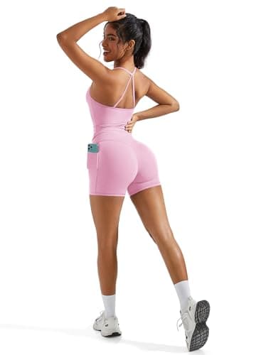 OMKAGI 2 Piece Workout Sets for Women Padded Sports Bra Tank Booty Gym Shorts with Pockets(M,284-Light Pink) - Image 2