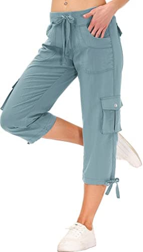 MoFiz Womens Capris with Pockets Loose Fit Casual Capri Pants Dressy Lightweight Ladies Baggy Cargo Pants for Hiking Grey Blue - Image 2
