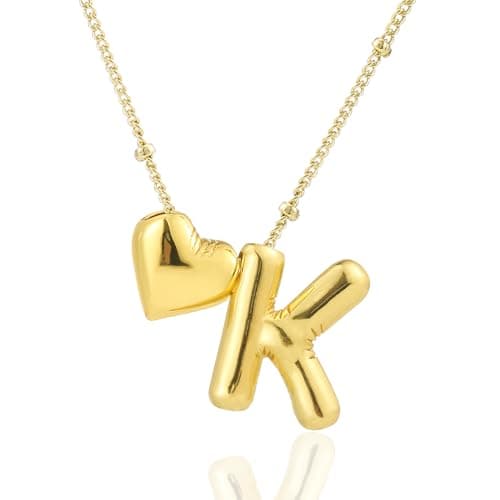 CCINPPY Heart Letter Necklace, 14k Gold Plated Initial Dainty Necklace for Women, Chunky Bubble Balloon Charm Pendant Name Personalized Jewelry Gift, Gold, Letter K - Image 1