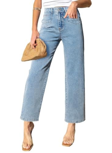 Sidefeel Wide Leg Jeans for Women High Waisted Stretchy Jeans Straight Leg Zimbaplatinum Ankle Denim Pants with Slant Pockets Light Blue Size 12 - Image 1
