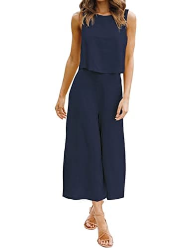 ROYLAMP Women's Summer 2 Piece Outfits Round neck Crop Basic Top Cropped Wide Leg pants Set Jumpsuits Navy Blue M - Image 2