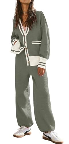 ETCYY NEW Women's 2 Piece Outfit Lounge Set Trendy Cardigan Sweater Pants Sets V Neck Button Pocket Knit Matching Loungewear - Image 1