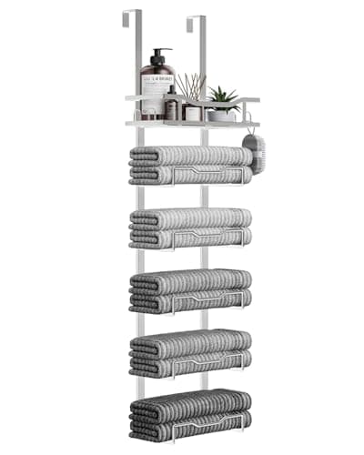 Aetyord Hanging Towel Racks for Bathroom No Drill - Over The Door 6-Tier Bath Towel Storage Organizer for Small Bathrooms-Back Door Large Tiered Towel Holder Hanger for Rolled Towels RV Camper Silver - Image 1