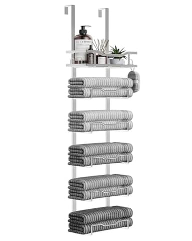 Aetyord Hanging Towel Racks for Bathroom No Drill - Over The Door 6-Tier Bath Towel Storage Organizer for Small Bathrooms-Back Door Large Tiered Towel Holder Hanger for Rolled Towels RV Camper Silver - Image 1