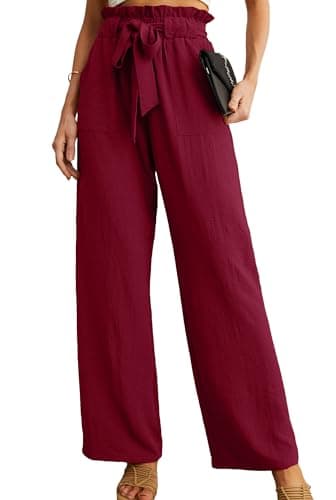 IWOLLENCE Women's Wide Leg Pants with Pockets High Waist Adjustable Knot Loose Casual Trousers Business Work Casual Pants Wine Red XX-Large - Image 1