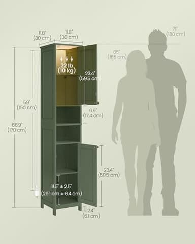 VASAGLE Tall Bathroom Cabinet with Lights, Slim Freestanding Bathroom Storage Cabinet with Adjustable Shelves, for Small Spaces, Modern, 11.8 Inches Wide, Forest Green UBBC566C01 - Image 6