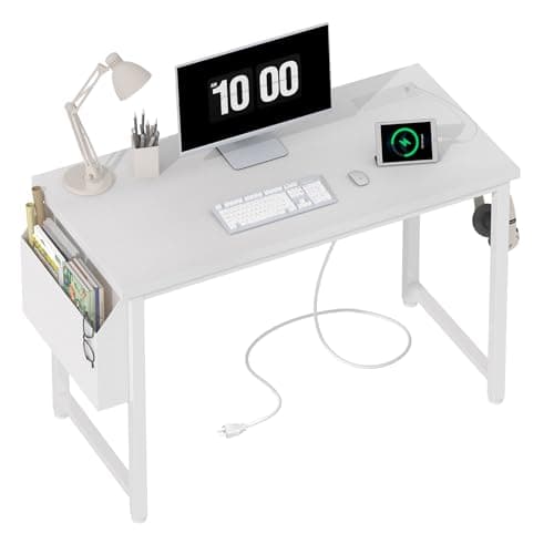 Lufeiya White Computer Desk with Power Outlet, 40 inch Simple Teen Study Table Home Office Work Writing Desks with Charging Station Outlets USB Port Built in, Storage Pocket,White - Image 1