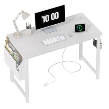 Lufeiya White Computer Desk with Power Outlet, 40 inch Simple Teen Study Table Home Office Work Writing Desks with Charging Station Outlets USB Port Built in, Storage Pocket,White - Image 1