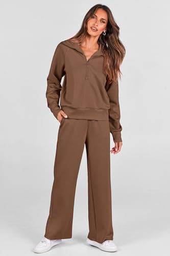 PRETTYGARDEN Womens 2 Piece Outfits Half Zip Sweatshirts And Palazza Pants Casual Fall Sweatsuits Sets (Brown,Small) - Image 5