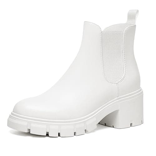 Athlefit Women's Chelsea Boots Fashion Lug Sole Chunky Heel Slip on Elastic Ankle Booties White Size 9 - Image 1
