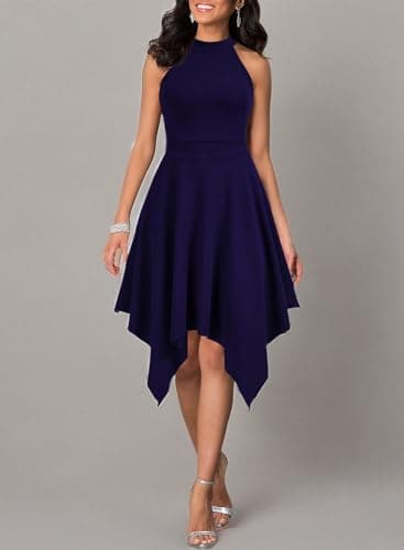 WOOSEA Women's Sleeveless Halter Neck Formal Dress Hem Asymmetrical A Line Party Cocktail Dress Navy Blue - Image 3