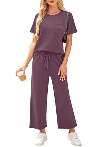 WIHOLL Beach Vacation Clothes for Women 2 Piece Travel Airport Outfits Fashion 2025 Comfy Summer Matching Sets Women Clothing Tropical Wide Leg Pants Lounge Sets Pjs Dark Purple L - Image 2