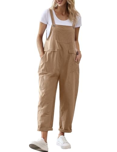 YESNO Women Long Casual Loose Bib Pants Overalls Baggy Rompers Jumpsuits with Pockets (S PV9 Camel) - Image 1