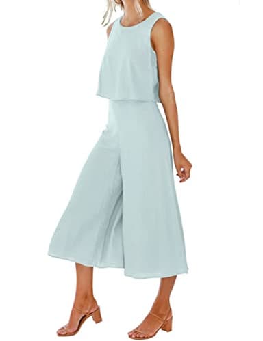 ROYLAMP Women's Summer 2 Piece Outfits Round neck Crop Basic Top Cropped Wide Leg pants Set Jumpsuits Light Cyan S - Image 2
