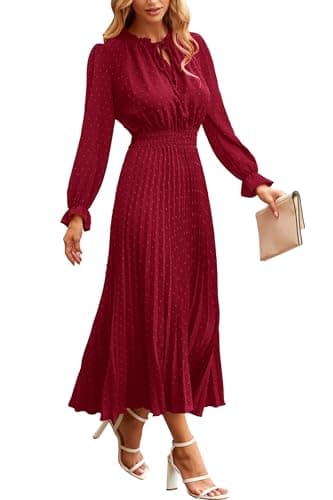 PRETTYGARDEN Womens Pleated Midi Dress Casual Long Sleeve V Neck Swiss Dot Beach Flowy Dresses (Wine Red,Large) - Image 1