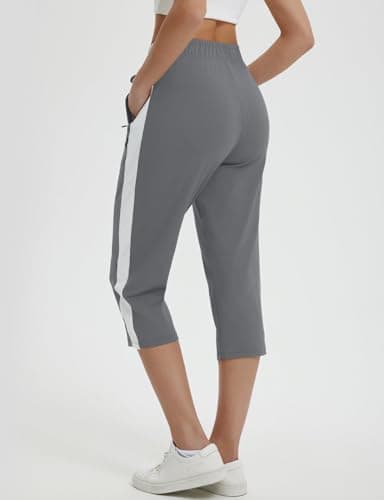 baleaf Womens Yoga Capri Pants with Zipper Pockets Summer Drawstring Capris Joggers Lounge Crop 19" Grey M - Image 3