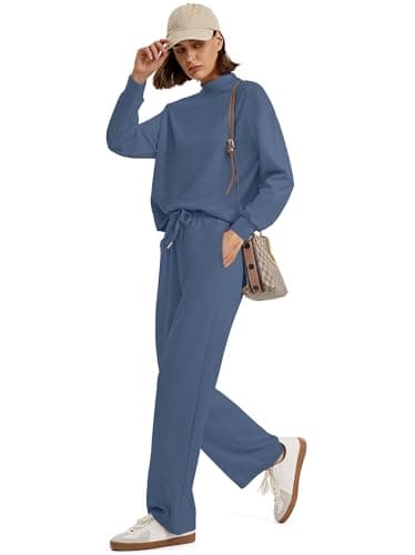 SAMPEEL Womens Fall Fashion 2025 Workout Sets for Women Lounge Sets Two Piece Outfits Casual 2 Piece Sweatsuits Sweatpants Winter Clothing Mock Neck Sweat Set Loungewear Matching Sets Dusty Blue M - Image 3