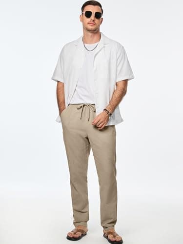 JMIERR Men's Casual Cotton Pants Linen Elastic Waist Drawstring Summer Beach Lightweight Dress Trousers with Pockets, L, Khaki - Image 3