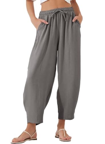 EVALESS Barrel Pants Women Casual Summer Lightweight High Waisted Baggy Ankle Beach Trousers Dark Grey M