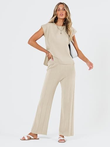 LILLUSORY 2 Piece Sets for Women Summer Vacation 2025 Lounge Outfits Matching Two Pcs Spring Knit Tracksuits Sweat Suits Beige L - Image 2