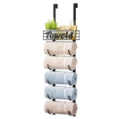 HapiRm Bathroom Towel Rack Holder - 6-Tier Over The Door & Wall Mount Rolled Towel Storage Organizer with Metal Shelf Basket for Small Bathroom, Camper, Rv - Black, Patented - Image 1