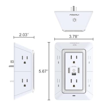 Outlet Extender USB Wall Charger - POWRUI 6 AC Surge Protector Outlets with 3 USB Ports (1 USB C) and Night Light, 3-Sided Multi Plug Wall Outlet Power Strip with Spaced Outlets, ETL Listed, White - Image 7