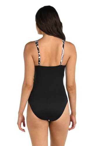 24th & Ocean Women's Standard Faux Wrap One Piece Swimsuit, Black//Floating Palms - Image 2