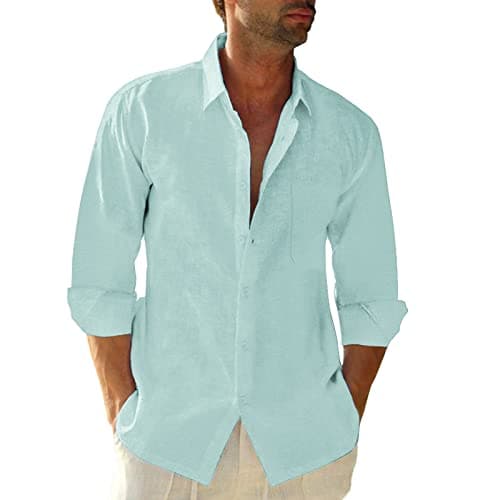 JEKAOYI Button Down Linen Shirts for Men Casual Long Sleeve Regular Fit Cotton Beach Shirts with Pocket Mint Blue - Image 1