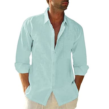 JEKAOYI Button Down Linen Shirts for Men Casual Long Sleeve Regular Fit Cotton Beach Shirts with Pocket Mint Blue - Image 1