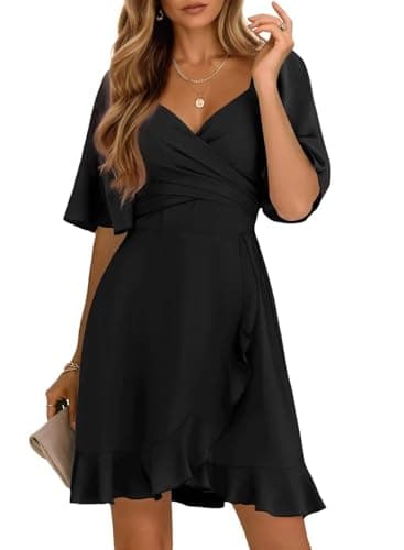 Dokotoo Womens Summer Wrap V Neck Short Flared Sleeve Smocked Elastic Waist Tiered Belted Ruffle Hem Mini Dress Graduation Dress Black M - Image 1