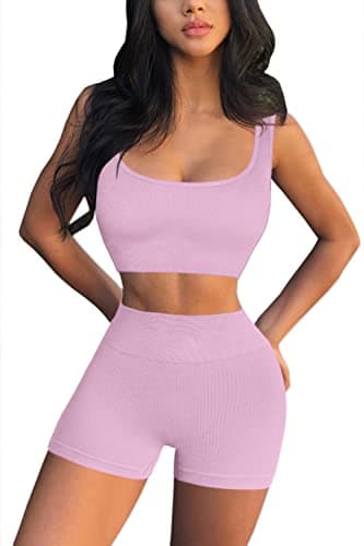 QINSEN Workout Sets for Women 2 Piece Seamless Ribbed Crop Tank High Waist Shorts Yoga Outfits (L, Dusty Pink) - Image 4