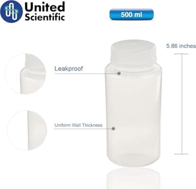 United Scientific® Unistore™ - Sample Containers with Lids - Laboratory Grade Polypropylene Wide Mouth Reagent Bottle - 16 Oz Bottles with Caps (500ml), Plastic Bottles with Lids, Pack of 12 - Image 8