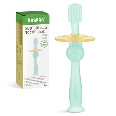 haakaa 360° Baby Toothbrush with Suction Base - Gentle Cleaning for Toddler's Self-Brushing Training, Food-Grade Silicone, Adjustable Safety Shield - Blue (1 Piece) - Image 1