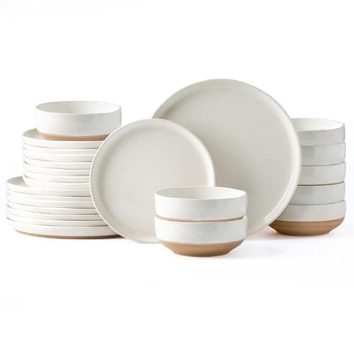 AmorArc Ceramic Dinnerware Sets for 8, 24 Pieces Handpainted Plates and Bowls Set with Rustic Terracotta Underside, Scratch Resistant Stoneware Dishes Set, Dishwasher & Microwave Safe, Light Beige - Image 1